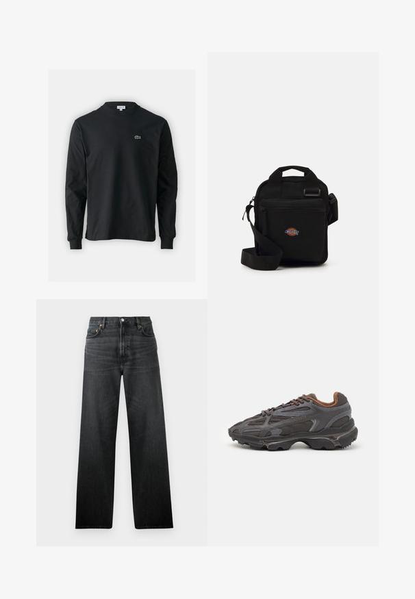 Fekete hosszú ujjú pamut póló, kerek nyakkivágással, bal mellen egy kis zöld hímzett krokodil logóval.; Fekete farmernadrág egyenes lábú dizájnnal, öt zsebbel és gombos záródással. Az anyagnak enyhe fényessége és látható textúrája van.; Sötét szürke Lacoste sportcipők hálós és szintetikus anyagból, textúrázott talppal és barna díszítésekkel a nyak részen és a logón.; Fekete keresztpántos táska cipzáras zsebbel, téglalap alakú, szövetből készült, az elején logóval ellátva, állítható vállpánttal.