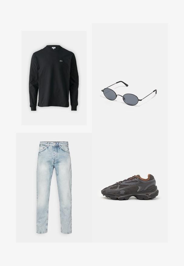 Musta pitkähiha t-paita, joka on valmistettu puuvillasta. Paita on varustettu pyöreällä kaula-aukolla ja vasemmassa rinnassa on pieni vihreä brodeerattu krokotiililogo.; Vaaleansiniset farkut, joissa on korkea vyötärö, suora leikkaus, viisi taskua ja hienovarainen haalistuminen kankaassa.; Lacoste-tennar i mörkgrått med nät- och syntetmaterial, med en texturerad sula och bruna accenter på kragen och märket.; Mustat ovaalit aurinkolasit tummilla linsseillä ja ohuilla metallikehyksillä. Ominaisuuksiin kuuluu hoikat varret, joissa on hienovarainen kaarevuus päissä.