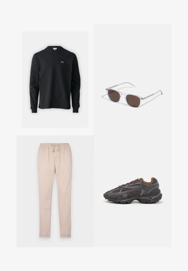 T-shirt noir à manches longues en coton, avec un col rond et un petit logo de crocodile brodé vert sur la poitrine gauche.; Pantalons beige clair en tissu doux, avec une taille élastique munie d'un cordon, des jambes fuselées et des ourlets retroussés.; Baskets Lacoste en gris foncé, en matériau mesh et synthétique, avec une semelle texturée et des accents marron sur le col et le branding.; Lunettes de soleil en plastique transparent avec des verres marron rectangulaires, dotées de branches fines et transparentes ainsi que d'accents en métal sur les tempes.