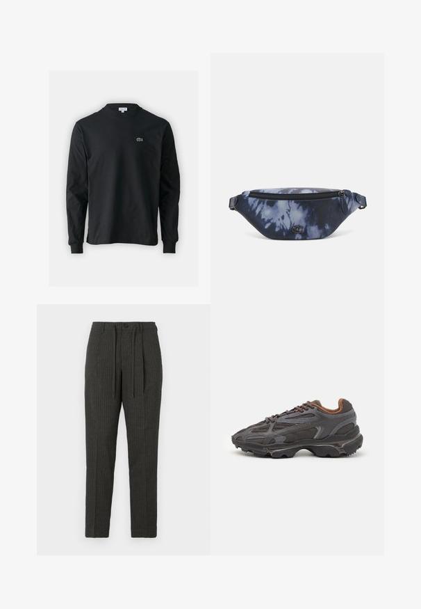 Black long-sleeve t-shirt made of cotton, featuring a round neckline and a small green embroidered crocodile logo on the left chest.; Dark gray striped trousers with a tapered fit, featuring a button closure and drawstring waist, composed of a textured fabric.; Lacoste sneakers in dark gray with mesh and synthetic material, featuring a textured sole and brown accents on the collar and branding.; Fanny pack in dark blue tie-dye print with a zippered top, textured material, and a prominent logo detail on the front.; Calvin Klein ELECTRIC - Bracelet - silver-coloured