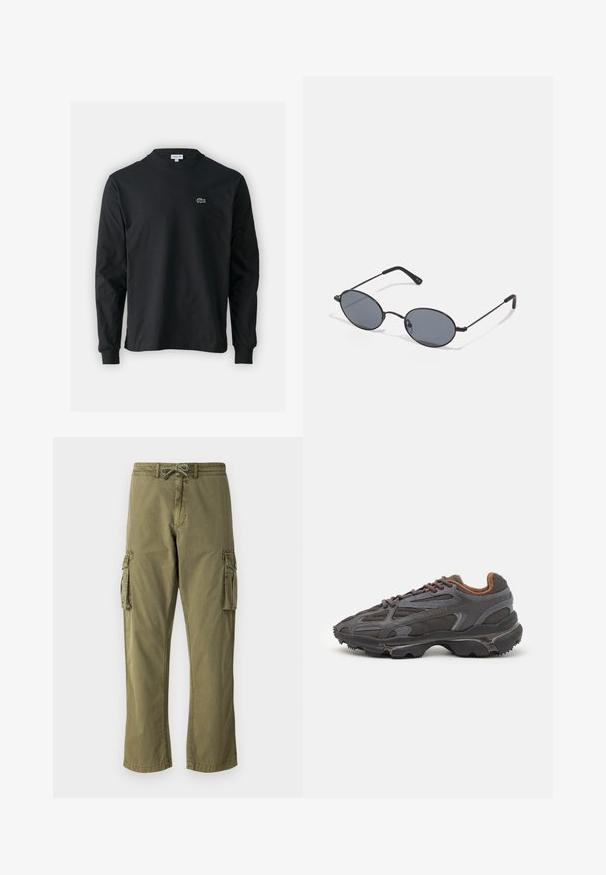 Crna majica dugih rukava od pamuka, s okruglim izrezom i malim zelenim izvezenim logotipom krokodila s lijeve strane prsnog dijela.; Cargo hlače u maslinastoj zelenoj boji od mješavine pamuka, s elastičnim pojasom i vezicom, bočnim cargo džepovima i ravnim krojem.; Lacoste tenisice u tamno sivoj boji s mrežastim i sintetičkim materijalom, s teksturiranom potplatom i smešnim akcentima na ovratniku i brandiranju.; Crne ovalne sunčane naočale s tamnim staklima i tankim metalnim okvirom. Imaju vitke nogice s suptilnom zakrivljenosti na krajevima.