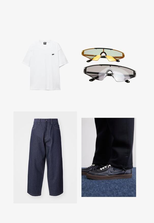 Vit bomulls t-shirt med korta ärmar, rund hals och en liten svart logotyp på bröstet. Slät textur och avslappnad passform.; Mörkblå denimjeans med en lös, vida ben-design. Funktioner inkluderar knappstängning, framfickor och synliga sömnadsdetaljer.; Nike Sportswear KILLSHOT 2 LTR PRM OPP2 - Sneakers - black sail baroque brown mtlc dk grey; Två par solglasögon: ett par med orangefärgade linser och svarta detaljer, det andra med klara linser och en liknande svart ramdesign.; Smyckekedja i silvermetall med hoplänkade led, en jämn yta och en justerbar hak som gör det möjligt att anpassa längden.