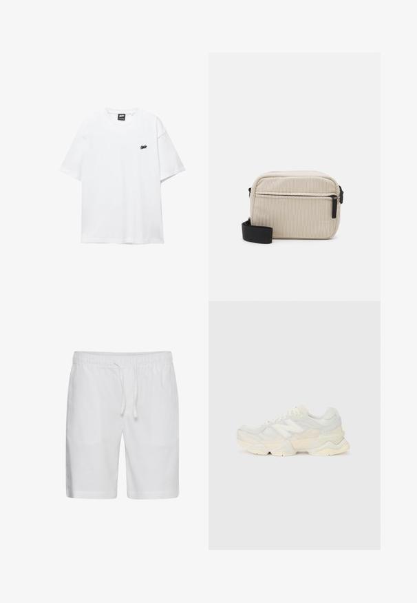 T-shirt en coton blanc à manches courtes, col rond, et un petit logo noir sur la poitrine. Texture lisse et coupe décontractée.; Casual Friday CFPHELIX LINEN MIX - Short - bright white; Sneaker léger avec une tige en maille et en daim dans des teintes crèmes douces, doté d'une semelle épaisse et d'accents tridimensionnels.; Sac à bandoulière en velours côtelé crème avec une fermeture éclair noire, une sangle amovible et un motif texturé. Il dispose d'un compartiment principal et d'une poche avant.