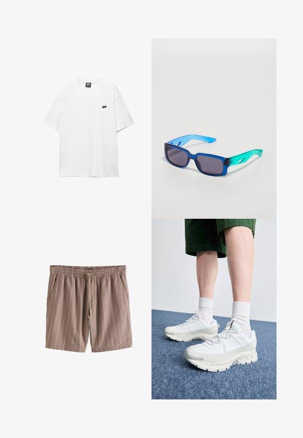 Valkoinen puuvillapaita lyhyillä hihoilla, pyöreällä kaula-aukolla ja pienellä mustalla logolla rinnassa. Sujuva rakenne ja rento istuvuus.; Ruskeat raidalliset shortsit, jotka on valmistettu kevyestä kankaasta. Shortsissa on joustava vyötärö, kiristysnyöri ja sivutaskut.; Valkoiset urheilukengät, joissa on tekstuuriset päällysteet, paksu pohja ja harmaat yksityiskohdat. Yhdistetty valkoisiin putkisukkiin ja vihreisiin shortseihin sinisellä pinnalla.; Siniset ja vihreät aurinkolasit, joissa on suorakulmaiset linssit; läpinäkyvät kehykset; teksturoidut siniset varret; tummat linssit; huomattava brändäys sivussa.