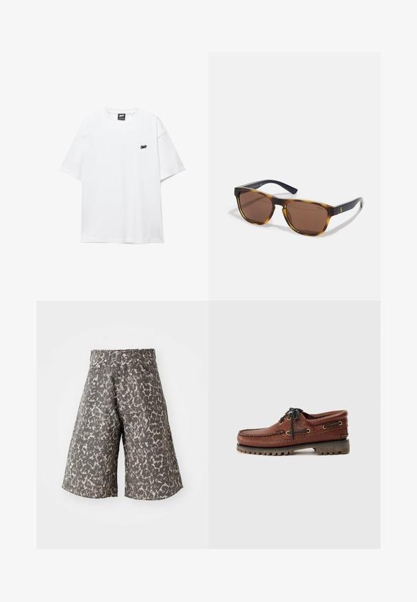 T-shirt en coton blanc à manches courtes, col rond, et un petit logo noir sur la poitrine. Texture lisse et coupe décontractée.; Shorts en imprimé camouflage dans des teintes de gris et de beige. Fabriqués en tissu texturé, ils présentent un design classique à cinq poches et une fermeture à bouton en métal.; Bateau en cuir marron avec une tige texturée, fermeture lacée noire et œillets dorés. Dispose d'une semelle en caoutchouc durcie et striée.; Polo Ralph Lauren UNISEX - Lunettes de soleil - dark brown