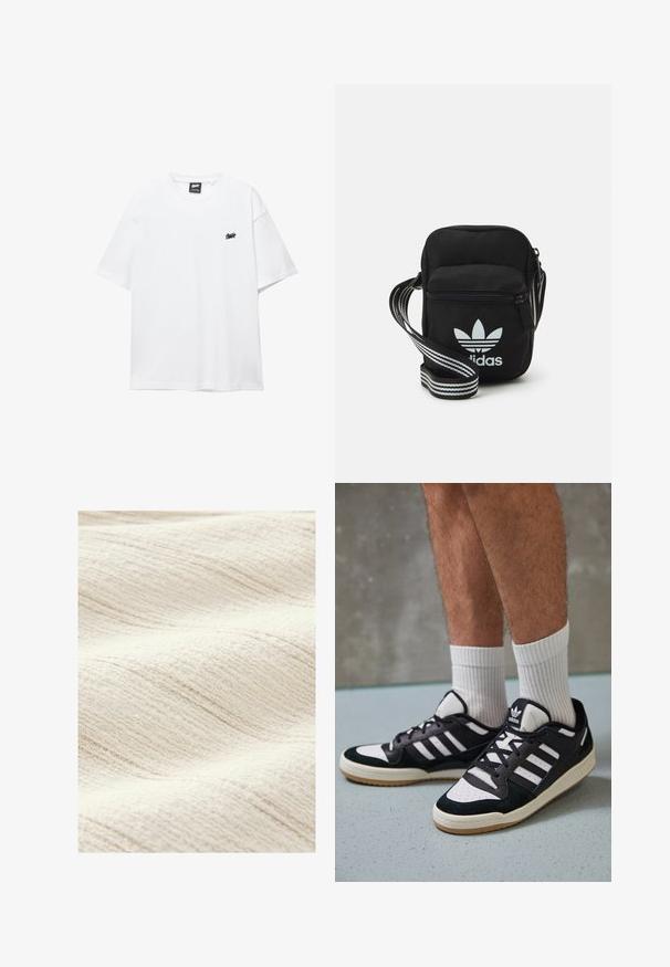 Biała bawełniana koszulka z krótkim rękawem, okrągłym dekoltem i małym czarnym logo na piersi. Gładka tekstura i luźny fason.; Teksturowana, off-white tkanina z subtelnym wzorem fal. Powierzchnia wydaje się miękka, z delikatnymi, nierównymi liniami dodającymi głębi.; Czarno-białe sneakersy z zamszową i skórzaną cholewką, z trzema białymi paskami, perforowanym czubkiem i gumową podeszwą w kolorze gumy.; Czarna torba crossbody wykonana z materiału, z zamknięciem na zamek błyskawiczny, z białym logo Adidas oraz regulowanym paskiem w paski, co ułatwia noszenie.