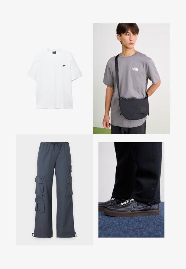 Bijela pamučna majica s kratkim rukavima, okruglim izrezom i malim crnim logom na prsima. Glatka tekstura i ležeran kroj.; Tamno sivi cargo hlače s elastičnim pojasom, s više velikih džepova sa strane i podešavajućim manžetama na gležnjevima.; Nike Sportswear KILLSHOT 2 LTR PRM OPP2 - Tenisice - black sail baroque brown mtlc dk grey; Crna najlonska torba preko tijela s podesivom trakom, sa zatvaranjem na vezicu i ugraviranim logotipom. Nosena preko sive majice.