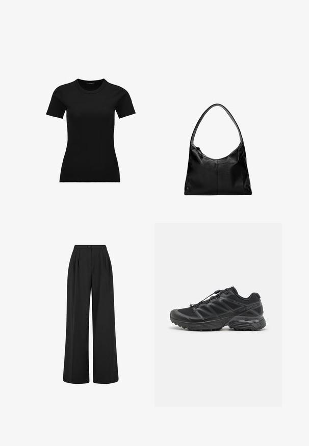 Zwarte geribbelde t-shirt met korte mouwen en een ronde halslijn. De stof is glad en rekbaar, ontworpen voor een getailleerde pasvorm.; Zwarte wijde pijpen broek met een hoge taille, voorplooien en een enkele knoopsluiting. Soepele stof met een schoon, minimalistisch ontwerp.; Zwarte hardloopschoenen met een bovenwerk van mesh en synthetisch materiaal, een flexibele buitenzool en elastische veters. Heeft een gevoerde tussenzool voor comfort.; Zwarte leren schoudertas met een gladde textuur, een gebogen bovenkant en een enkele schouderband. Voorzien van een ritsluiting en een minimalistisch design.