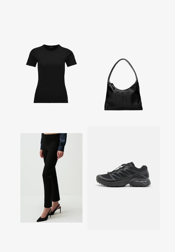Zwarte geribbelde t-shirt met korte mouwen en een ronde halslijn. De stof is glad en rekbaar, ontworpen voor een getailleerde pasvorm.; Zwarte op maat gemaakte pantalon met een strak ontwerp, voorzien van een slim fit en verticale naaddetails. Gekocht met zwarte puntige hakken.; Zwarte hardloopschoenen met een bovenwerk van mesh en synthetisch materiaal, een flexibele buitenzool en elastische veters. Heeft een gevoerde tussenzool voor comfort.; Zwarte leren schoudertas met een gladde textuur, een gebogen bovenkant en een enkele schouderband. Voorzien van een ritsluiting en een minimalistisch design.