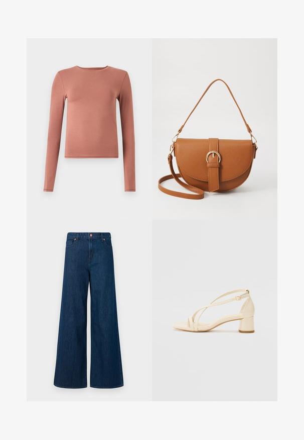 Camiseta de manga larga hecha de una suave tela elástica en color rosa empolvado. Presenta un escote redondeado y una silueta ajustada. Sin patrones ni acentos.; Jeans de mezclilla de pierna ancha azul con cierre frontal de botón, trabillas para el cinturón y diseño de cinco bolsillos sobre un fondo blanco.; Sandalias de tacón beige con tacón bloque, diseño de tiras y correa ajustable en el tobillo, hechas de material sintético suave con un acabado mate.; Bolso bandolera de cuero marrón con forma curvada, herrajes dorados y un acento de hebilla. Incluye una correa de hombro desmontable.