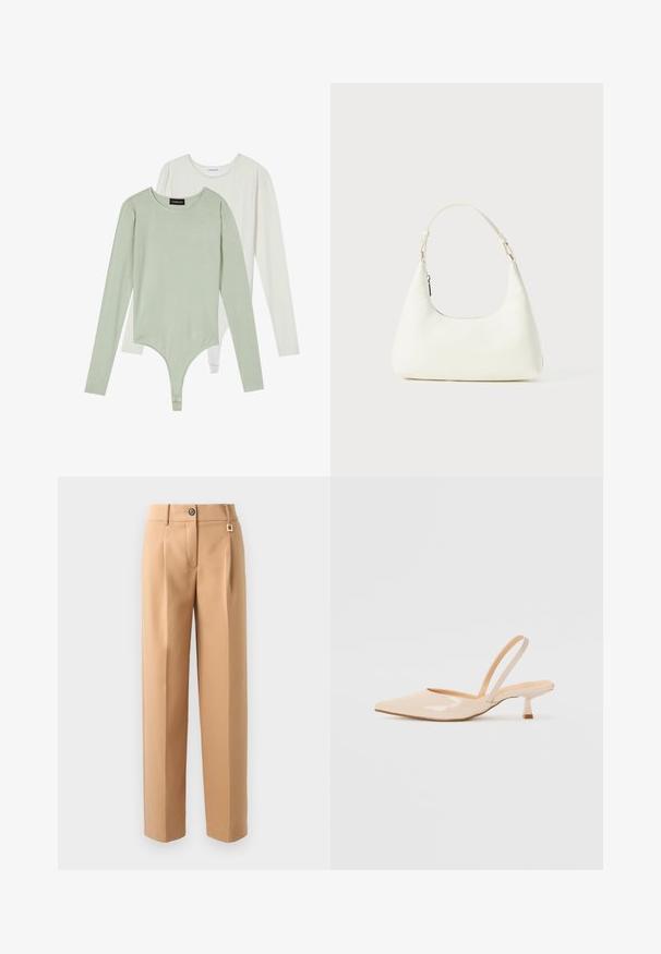 Két hosszú ujjú bodysuit: az egyik halványzöld, kerek nyakkivágással és puffos ujjal, a másik fehér, sima felülettel és szoros illeszkedéssel.; Bézs, egyenes szabású, testre szabott nadrág elülső gombos záródással, egyetlen hajtással és kis féms díszítéssel a derékrészen.; Bézs színű lakkbőr slingback magassarkú cipők hegyes orral és vékony, négyzetes sarkú dizájnnal. Simább textúra és minimalista stílus, díszítések nélkül.; Kicsi fehér válltáska egyetlen állítható pánttal és cipzárral, egy sima fehér háttér előtt.