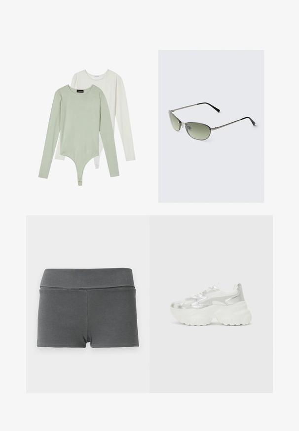 Deux bodysuits à manches longues : l'un en vert pâle avec un col rond et des manches bouffantes, l'autre en blanc, présentant une finition lisse et une coupe moulante.; Shorts en tissu côtelé gris foncé avec une large ceinture. Présente un design ajusté, une texture lisse et aucun élément matériel ou accent visible.; Baskets argentées avec un dessus en maille texturée et des accents iridescents, dotées d'une semelle blanche épaisse et d'un système de laçage.; Lunettes de soleil en métal avec des verres verts allongés, une fine monture argentée et des embouts de branches noirs. Elles disposent de petites plaquettes de nez pour le confort.