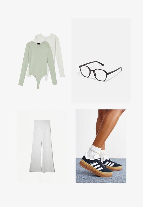 Dve body s dlhým rukávom: jedno v svetlozelenej farbe s okrúhlym výstrihom a nariasenými rukávmi, druhé v bielej farbe s hladkým povrchom a priliehavým strihom.; Svetlosivé široké nohavice vyrobené z mäkkej tkaniny, s vysokým pásom a postrannými rozparkom pre väčšiu voľnosť a pohodlie.; Čierne semišové tenisky s bielymi pruhmi a detailmi, so zaoblenou špičkou, podrážkou z gumovej gumy, doplnené bielymi rebrovanými ponožkami.; Čierne plastové okuliare s osemhranným rámom, s priehľadnými sklami a striebornými akcentmi na prednej časti a na spánkoch.; Čierna kožená kabelka s dvoma krátkymi držadlami, striebornými kovovými doplnkami, bielymi akcentmi a bielym logom. Vyznačuje sa textúrovaným povrchom a kompaktným dizajnom.