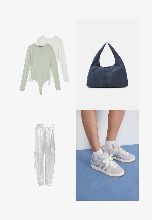Dwa bodysuity z długim rękawem: jeden w jasnym zielonym, z okrągłym dekoltem i bufkami, drugi w białym, z gładkim wykończeniem i dopasowanym krojem.; Srebrne spodnie cargo z błyszczącym, metalicznym wykończeniem. Zaprojektowane z elastycznym paskiem w talii i dwoma bocznymi kieszeniami dla zwiększenia funkcjonalności.; Szare zamszowe sneakersy z białymi sznurówkami i gumową podeszwą, z trzema ukośnymi paskami po boku oraz naszywką z logo na języku.; Ciemnoniebieska torba dżinsowa o miękkim, luźnym kształcie, z uchwytem w stylu hobo i teksturowaną powierzchnią. Brak widocznych akcentów z metalu.