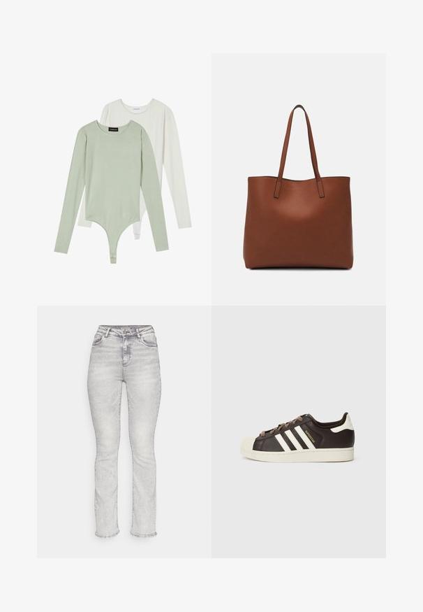 Két hosszú ujjú bodysuit: az egyik halványzöld, kerek nyakkivágással és puffos ujjal, a másik fehér, sima felülettel és szoros illeszkedéssel.; Világosszürke farmernadrág magas derékkal, egyenes szárú kialakítással, öt zsebes stílusban, és finoman kopott részletekkel az anyagon.; Sötétbarna bőr alacsony szárú Adidas Superstar sportcipő krémszínű kagyló orral, fehér csíkokkal és "Superstar" felirattal az oldalon.; Barna bőr vászontáska sima textúrával, nyitott tetejű dizájnnal és két vállpánttal. Minimális varrással és látható hardver nélkül készült.