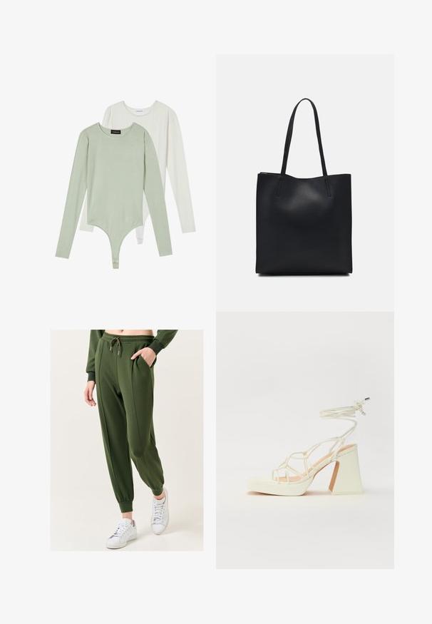 Zwei Langarm-Bodysuits: einer in blassgrün mit runder Ausschnitt und Puffärmeln, der andere in weiß mit glatter Oberfläche und enganliegendem Schnitt.; Grüne, lässig geschnittene Jogginghosen mit einem Kordelzugbund, Seitentaschen und schmalen Knöcheln, kombiniert mit weißen Sneakers. Glatte, weiche Stofftextur.; Weiße High-Heel-Sandale mit einem klobigen Absatz, die über ein Riemchendesign und ein Knöchelband verfügt. Glatte Textur mit einer Plattform vorne für zusätzliche Höhe.; Schwarze Laptoptasche aus Leder mit glatter Textur, rechteckiger Form und zwei langen Griffen. Keine sichtbaren Beschläge oder Verzierungen.