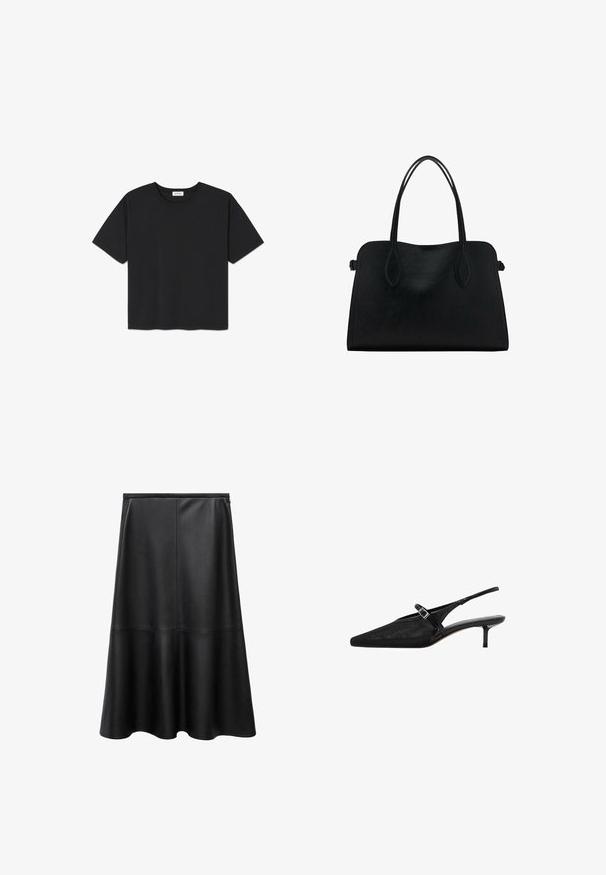 Musta lyhythihainen t-paita, joka on valmistettu puuvillasta. T-shirtissa on pyöreä kaula-aukko ja suora helma. Yksinkertainen ja koristelematon muotoilu.; Musta nahkahame, A-linjainen muoto, polvipituinen, sileä pinta, sauma-yksityiskohtia, levenevä helma ja näkymätön takakiinnitys.; Musta slingback-kengät, joissa on kärjet terävät, tekstuurinen verkko-osa, kapea säädettävä remmi hopeisella soljella ja 5 cm:n stiletto-korko.; Mustavihreä nahkalaukku, jossa on kaksinkertaiset olkahihnat, suorakaiteen muotoinen ja minimalistinen muotoilu valkoisella taustalla.
