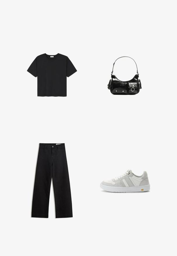 Czarny T-shirt z krótkim rękawem wykonany z bawełny, z okrągłym dekoltem i prostym dołem. Prosty i bez ozdób design.; Czarne dżinsowe spodnie o szerokich nogawkach i wysokim stanie, z przednimi i tylnymi kieszeniami, przeszyciami oraz zapięciem na guziki. Gładka struktura.; Białe i jasnoszare sneakersy, miks skóry i zamszu, okrągły nos, sznurowany design, teksturowana podeszwa, boczne paski oraz mały żółty akcent.; Czarna torebka z lakierowanej skóry o zaokrąglonym kształcie, z jednym paskiem na ramię, przednimi kieszeniami i akcentami w kolorze srebrnym.