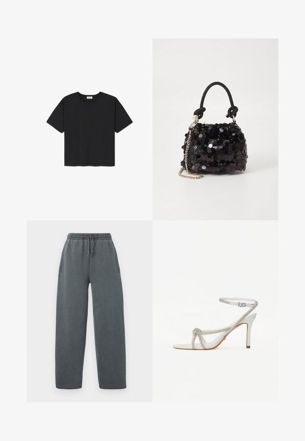 Crna kratka majica s kratkim rukavima od pamuka, s okruglim izrezom i ravnim rubom. Jednostavan i neukrašen dizajn.; Sive trenirke s elastičnim pojasom za podešavanje, bočnim džepovima i opuštenim krojem. Napravljen od mekog, teksturiranog materijala.; Bijela sandala s visokom petom i teksturiranim remenom ukrašenim rhinestones, otvorenog prsta, s remenom oko gležnja i podesivom kopčom.; Crna mini torbica sa šljokicama, s čvorastim teksturiranim remenom i srebrnim lancem. Zaobljenog oblika s naboranim vrhom i reflektivnim detaljima.