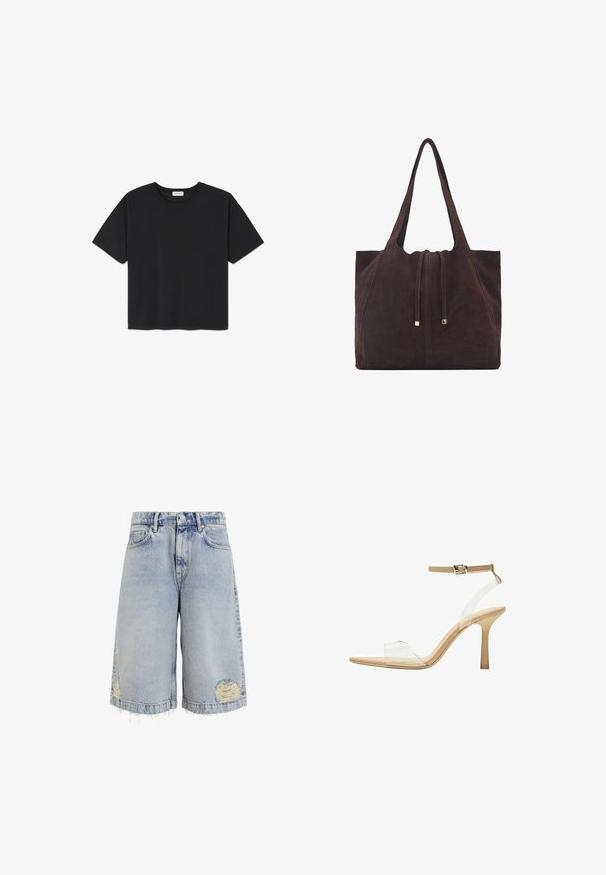 Crna kratka majica s kratkim rukavima od pamuka, s okruglim izrezom i ravnim rubom. Jednostavan i neukrašen dizajn.; Svijetloplave traper kratke hlače sa širokim krojem, pohabanim rubom i izlizanim dijelovima s vidljivim šavovima. Klasičan dizajn s pet džepova.; Sandal s prozirnim potplatom i prozirnim gornjim dijelom, bež uloškom i tankim remenom oko gležnja. Ima špicasti vrh i tanak visoki potplat.; Mango Velika torba - dark brown