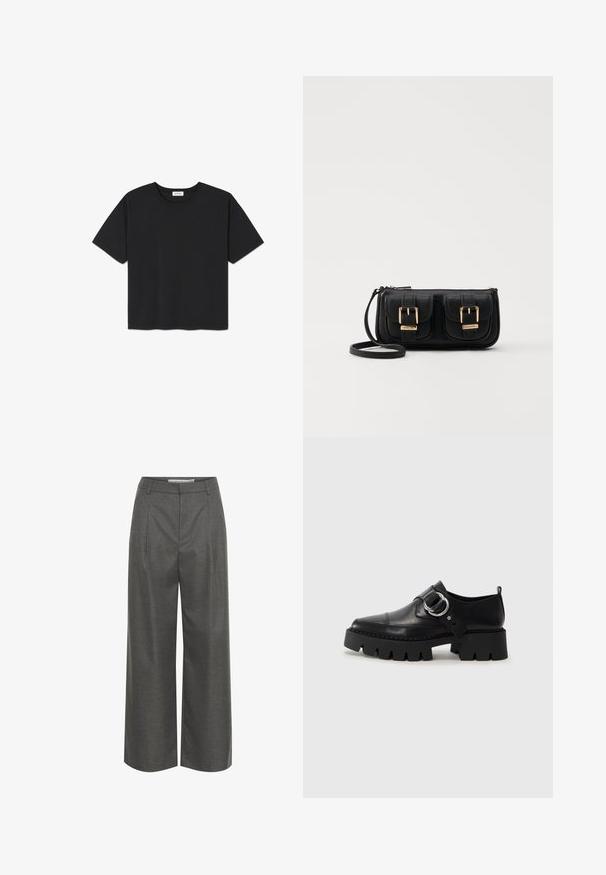 Črna kratka majica s kratkimi rokavi iz bombaža, z okroglo ovratnico in ravnim robom. Preprost in brez okrasja.; Sive široke hlače iz teksturirane tkanine, z visokim pasom in prednjimi nagubami, brez vidnih žepov ali kovinskih detajlov.; Črne usnjene čevlje z debelim, rebrastim podplatom, ki imajo okroglo srebrno kovinsko dodatno opremo in minimalne šive.; Črna usnjena torbica čez ramo z dvema sprednjima žepoma, zlatimi zaponkami, zadrgo in ozkim pasom. Tekstura površine je strukturirana, obliko pa ima kompaktno pravokotno.