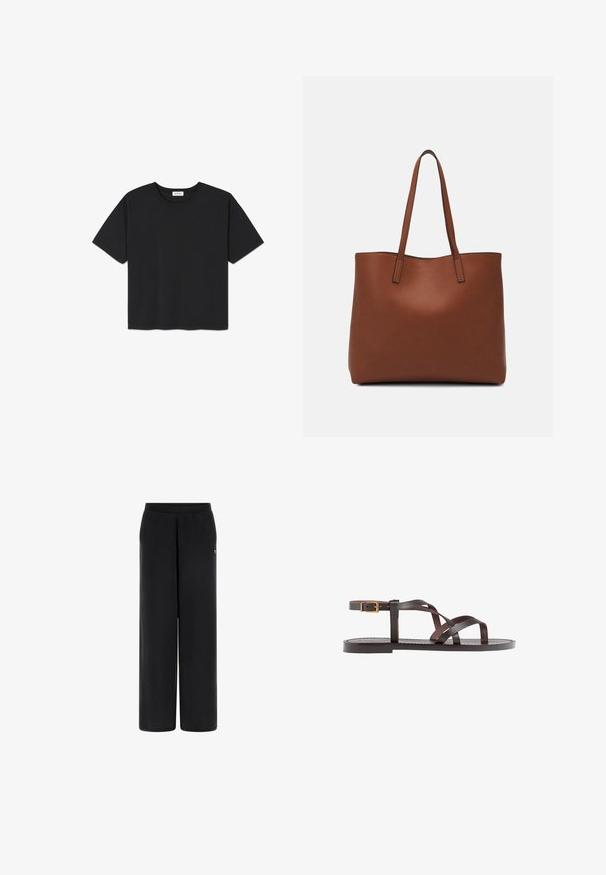 Crna kratka majica s kratkim rukavima od pamuka, s okruglim izrezom i ravnim rubom. Jednostavan i neukrašen dizajn.; Crne široke hlače od mekanog materijala s elastičnim pojasom. Imaju mali logotip na lijevoj strani. Glatka tekstura i kroj prilagođen tijelu.; Smeđe kožne sandale s iskrižanim trakama, umetkom za zapešće s kopčanjem i ravnim potplatom s minimalnim detaljima šivanja.; Smeđa kožna torba preko ramena s glatkom teksturom, otvorenim vrhom i dvjema naramenicama. Ima minimalne šavove i nema vidljivog hardvera.