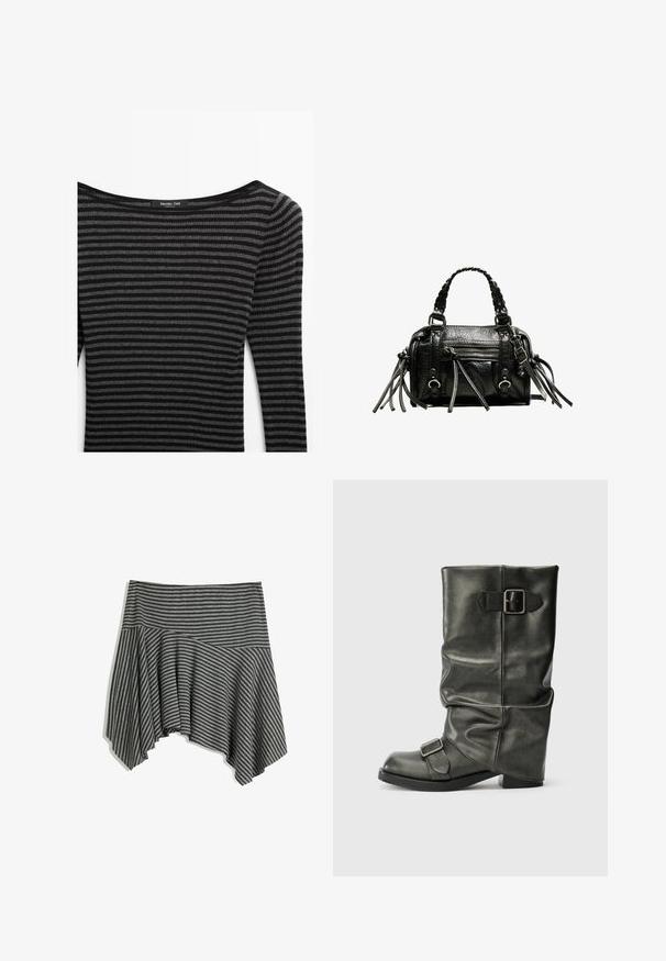 Czarny i szary sweter w paski o ryflowanej strukturze, z szerokim dekoltem i długimi rękawami. Metka: Massimo Dutti.; Szara spódnica w paski z asymetrycznym dołem. Wykonana z miękkiego materiału, z dopasowanym pasem i swobodnym krojem.; Czarne botki z sztucznej skóry do kostek z luźnym cholewką, masywnym obcasem i dwoma metalowymi klamrami po bokach dla dekoracji.; Czarna skórzana torebka z plecionymi uchwytami, teksturowaną powierzchnią, zamykanym z przodu kieszonką oraz dekoracyjnymi frędzlami. Kompaktowy i wyraźny kształt.