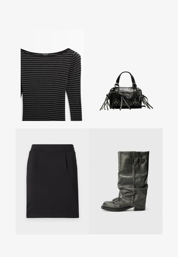 Pull à rayures noir et gris avec une texture côtelée, présentant un large col et des manches longues. Étiquette : Massimo Dutti.; Jupe noire longueur genou en tissu lisse, dotée d'une taille cintrée et de deux plis discrets à l'avant pour une touche de détail supplémentaire.; Bottine en simili cuir noir avec une tige drapée, un talon épais et deux boucles métalliques sur le côté pour plus de détail.; Sac à main en cuir noir avec poignées tressées, surface texturée, poche frontale zippée et accents de franges décoratives. Forme compacte et structurée.