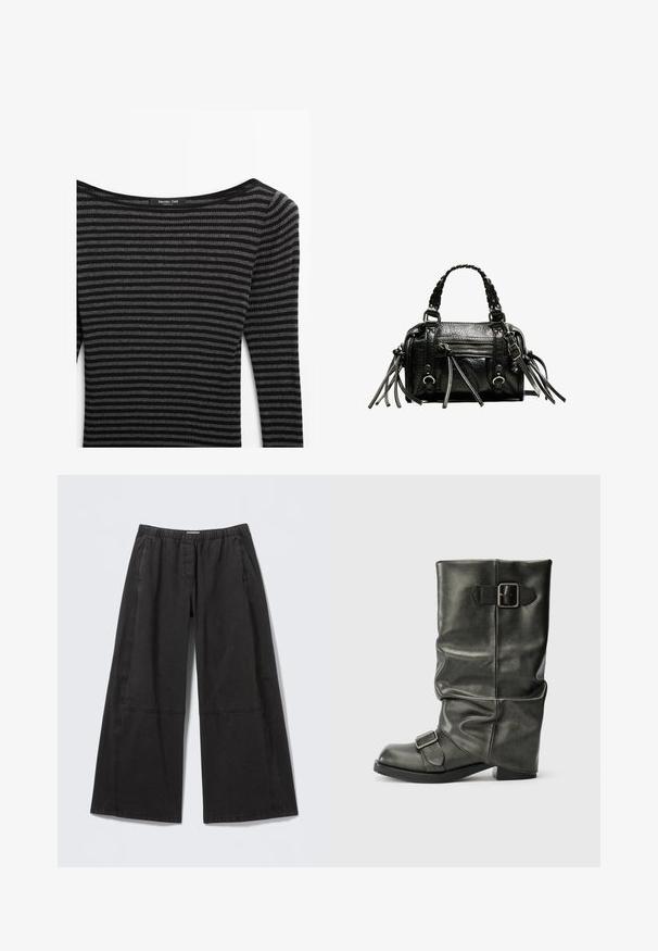 Pull à rayures noir et gris avec une texture côtelée, présentant un large col et des manches longues. Étiquette : Massimo Dutti.; Pantalon noir à jambes larges en coton, avec une taille élastique, un tissu texturé et des détails de panneaux cousus le long des côtés.; Bottine en simili cuir noir avec une tige drapée, un talon épais et deux boucles métalliques sur le côté pour plus de détail.; Sac à main en cuir noir avec poignées tressées, surface texturée, poche frontale zippée et accents de franges décoratives. Forme compacte et structurée.