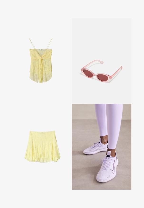 Rumena čipkasta kamizola z detajlom vezanja spredaj, tankimi naramnicami in tekočo silhueto. Nežna tekstura in mehak material ustvarjata lahkoten videz.; Rumena razširjena krila iz teksturirane tkanine, ki se ponaša z večplastno zasnovo in nekoliko neenakomernim robom. Lahka in zračna videz.; Nike Performance FREE RN FK NATURE - Tekaški copati za cesto - lilac bloom/black/barely grape/vivid purple; Roza prozorna sončna očala z ovalnimi lečami, temno rdečim odtenkom in vitkimi rokami, s gladko površino in subtilnimi detajli na okvirju.
