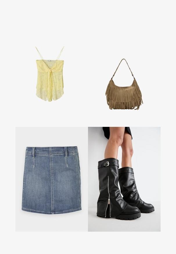 Keltainen pitsinen toppi, jossa on solmittava etuosa, ohuet hihnat ja virtaava siluetti. Hennot rakenteet ja pehmeä kangas luovat kevyen ilmeen.; Vaaleansininen farkkuinen mini-hame, jossa on klassinen leikkaus. Siinä on etutaskut ja vyölenkit, suora helma sekä hienovarainen haalistuminen.; Musta nahkainen polvipitkä saappaat, joissa on leveä varsi, sivuzip, solkiyksityiskohta, teksturoidu pinta ja paksu kumipohja.; Ruskea mokkanahkainen käsilaukku, jossa on pitkät fringer yksityiskohdat, kaareva muoto ja yksi olkahihna. Pinta on sileä ja teksturoitu.