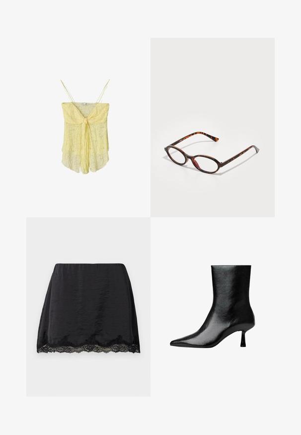 Żółta koronkowa koszulka na ramiączkach z detalem na przodzie w postaci wiązania, cienkimi ramiączkami i zwiewnym krojem. Delikatna tekstura i miękki materiał nadają jej lekkiego wyglądu.; Czarna satynowa mini spódnica o prostym kroju, z falbaniastym koronkowym wykończeniem u dołu, gładka w dotyku i z elastycznym pasem.; Czarny botek do kostki wykonany z błyszczącej skóry, z wąskim noskiem i smukłym obcasem, charakteryzujący się gładką fakturą i minimalistycznym designem.; Okulary przeciwsłoneczne w kolorze żółwi z owalnymi soczewkami, z ciemną oprawką w jasne i ciemne brązowe wzory oraz smukłymi, zakrzywionymi zausznikami.; Biała torba na ramię wykonana z gładkiego materiału, z owalnym wycięciem i szerokim paskiem. Prosta i nowoczesna, bez widocznych elementów ozdobnych.; Stos dwóch pierścionków; górny jest bursztynowy z wirami, a dolny jasnobeżowy; oba są gładkie i błyszczące z żywicy.
