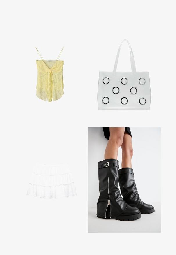 Gelbe Spitzen-Camisole mit einer Krawatten-Frontdetail, dünnen Trägern und einer fließenden Silhouette. Zarte Textur und weicher Stoff verleihen ein leichtes Aussehen.; Weißer, schichtweise gestalteter Rock aus leichtem, strukturiertem Stoff. Verfügt über drei geraffte Lagen und einen elastischen Bund.; Schwarze Lederstiefel bis zum Knie mit weiter Schaftweite, seitlichem Reißverschluss und Schnallenakzent, strukturierter Oberfläche und robuster Gummisohle.; Transparente Plastik-Geschäftstasche mit zwei klaren Griffen, die auf der Vorderseite neun runde metallische Akzente in einem Rastermuster anordnet.