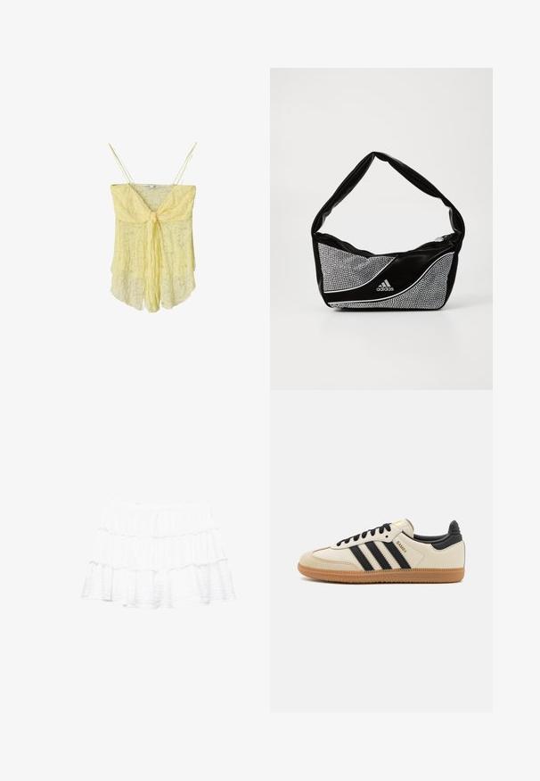Gul spetscamisol med knytframsdetalj, tunna band och en flödande siluett. Den delikata texturen och det mjuka tyget ger en lätt känsla.; Vit lagerkjol gjord av lätt, strukturerad tyg. Har tre volanglager och resår i midjan.; Beige idrottssko med svarta ränder, gummigummi-sula och svarta detaljer. Har en slät läderöverdel och en rundad tåkonstruktion.; Svart och silver adidas-handväska med en slät textur, prydd med ett glansigt nittmönster och en egenartad, böjd design.