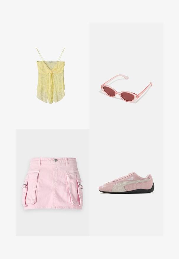 Camisola in pizzo giallo con dettaglio davanti a nodo, spalline sottili e una silhouette fluida. La texture delicata e il tessuto morbido creano un aspetto leggero.; Gonna di jeans rosa con due tasche laterali, chiusura con bottoni a pressione argentati e un design strutturato. Texture liscia con dettagli di cucitura visibili.; Sneaker in suede rosa con accenti grigi, design aerodinamico, tomaia texturizzata e suola in gomma nera. Presenta il logo Puma sul lato.; Occhiali da sole rosa trasparenti con lenti ovali, tonalità rosso scuro e bracci sottili, dotati di una finitura liscia e dettagli sottili sulla montatura.