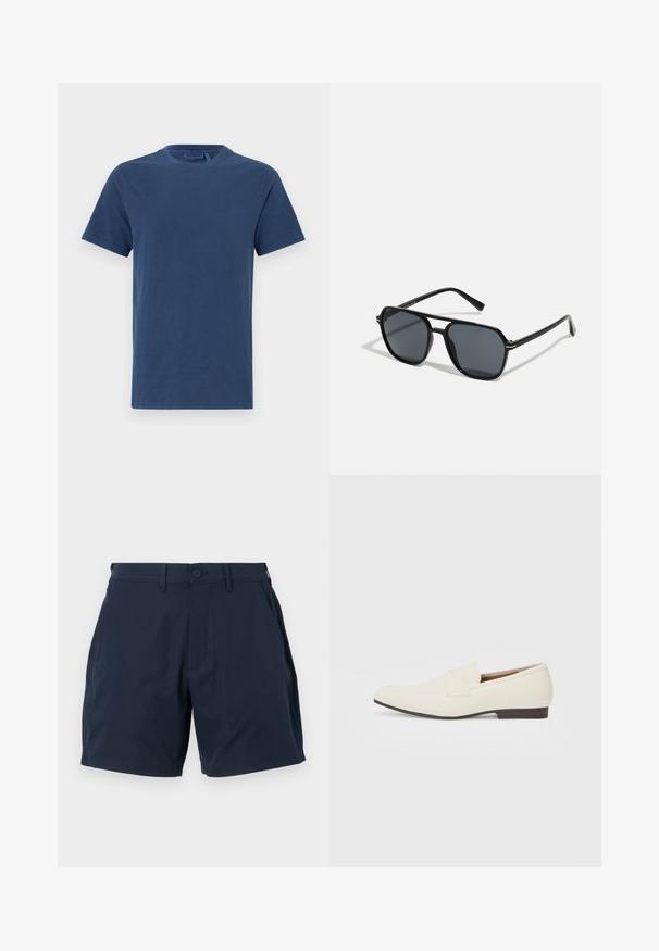 Mørkeblå bomull T-skjorte med rund hals, korte ermer og rett snitt. Glatt tekstur, ingen synlige mønstre eller pynt.; Mørkeblå shorts laget av glatt, lett stoff. Har knappelukking, sidelommer og en skreddersydd design med rett snitt.; Lyse beige loafers med spiss tå, glatt materiale, en stropp over vampsen, og en lav brun såle. Enkel design med minimale detaljer.; Sorte solbriller med ottekantet ramme, mørke linser, blank finish, tynde stænger og guld accenter på fronten.