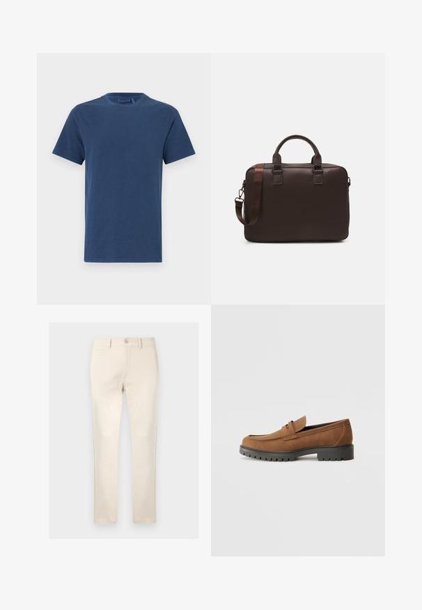 Mørkeblå bomull T-skjorte med rund hals, korte ermer og rett snitt. Glatt tekstur, ingen synlige mønstre eller pynt.; Beige bomullsbukser med rett passform, med en enkelt frontlomme, knappelukk og subtile sømdetaljer.; Brune suede loafers med avrundet tå og såle av lav svart gummi, med en dekorativ stropp og sømdetaljer på overdelen.; Brun lærveske til bærbar datamaskin med en strukturert overflate, doble topphåndtak, justerbar stropp og to frontspenner for ekstra detalj.