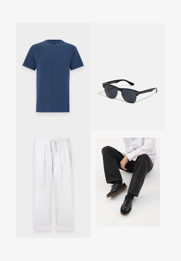 Tummansininen puuvillainen t-paita, jossa on pyöreä kaula-auko, lyhyet hihat ja suora leikkaus. Sileä pinta, ei näkyviä kuvioita tai koristeita.; Valkoiset rento-farkut, joissa on joustava vyötärö ja säädettävä nauha. Varustettu sivutaskuilla ja pehmeällä puuvillateksuurilla.; Mustat tennarit, joissa on sileä ja teksturoitu päällyste, varustettuna kumipohjalla ja tummilla nauhoilla. Yhdistetty mustiin farkkuihin ja valko-raitaiseen paitaan.; Mustat aurinkolasit, joilla on suorakulmainen muoto, tummat linssit, hopeiset yksityiskohdat temppeleissä ja matta pinta kehykset.