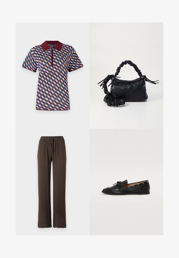 Polo shirt in geometric pattern featuring maroon, blue, and cream colors, short sleeves, and a zip closure with a ribbed collar.; Brown wide-leg pants with an elastic waistband and drawstring. Textured material with vertical stripe pattern. Straight-cut legs.; Black leather loafers with a tied bow, featuring gold eyelet accents along the sides and a flat rubber sole. Smooth texture, classic design.; Black faux leather handbag with a crocodile texture, cinched top, and a scrunched strap. Appears soft and compact in design.