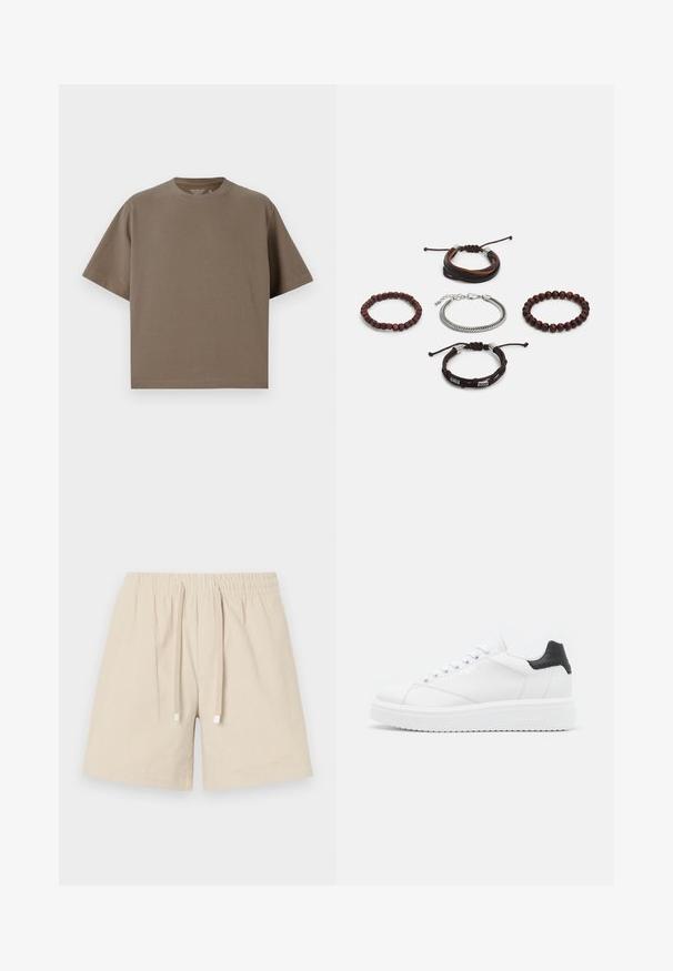 Brown, short-sleeve t-shirt made of soft fabric with a round neckline. Features a relaxed fit and simple hem detailing.; Beige cotton shorts with an elastic waistband and drawstring. Features textured fabric with a smooth finish and square metal accents on ties.; White leather sneaker with a black heel tab, flat laces, textured midsole, and branding on the outer side. Designed for casual wear.; Set of five bracelets featuring brown leather, wooden beads, and a silver chain; varying textures and shapes, with adjustable closures.