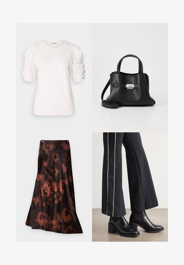 Biela tričko s krátkymi, naberanými rukávmi z čipky. Okrúhly výstrih, jemná textúra a mierne voľný strih. Značková etiketa viditeľná vo vnútri.; Dlhá sukňa v splývavom dizajne, s tmavohnedým základom a kvetinovou potlačou v bohatých tehlových odtieňoch a hladkou, lesklou štruktúrou.; Čierne kožené členkové topánky s blokovým podpätkom, vybavené elastickými bočnými panelmi. Skombinované s čiernymi nohavicami, ktoré majú biely bočný pruh.; Čierna kožená kabelka s textúrovaným povrchom, ktorá má dve vrchné rukoväte, odnímateľný popruh cez rameno a strieborný uzáver.