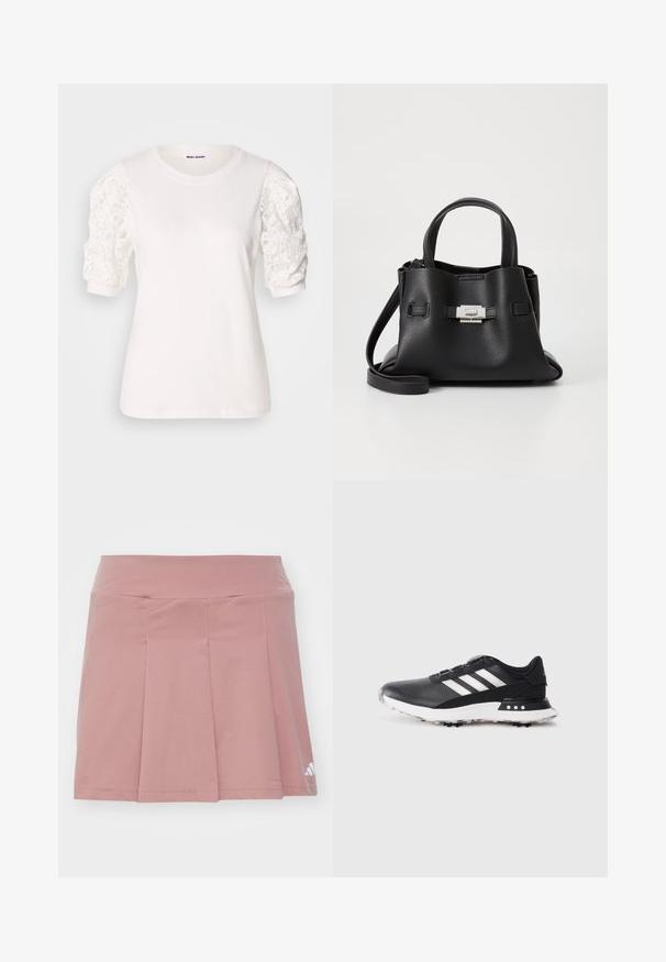 Witte t-shirt met korte, opgeblazen mouwen van kant. Ronde halslijn, zachte textuur en een iets losse pasvorm. Merkenlabel zichtbaar aan de binnenkant.; Roze sportrok met een aansluitende tailleband en geplooid ontwerp. Gemaakt van een lichtgewicht stof, met een logo in de onderste hoek.; Zwarte sportschoen met witte strepen, gestructureerde bovenkant, ronde neus en een witte rubberen Zool met kleine spikes voor grip.; Zwarte leren handtas met een gestructureerde afwerking, voorzien van twee handvatten, een verwijderbare schouderband en een zilveren sluiting.