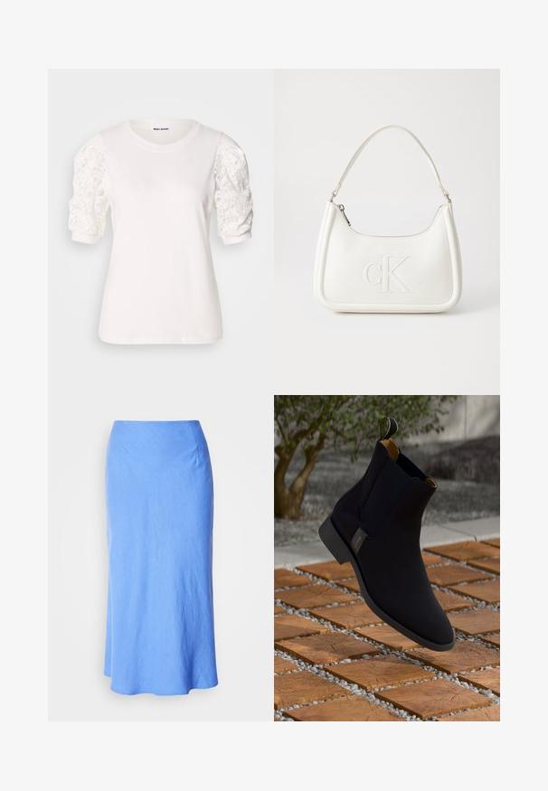 Bela majica s kratkimi, nabranimi rokavi iz čipke. Okrogli izrez, mehak občutek in nekoliko ohlapen kroj. Oznaka blagovne znamke vidna znotraj.; Svetlo modra dolga krila z gladko teksturo, razširjenim robom in preprostim dizajnom. Ima oprijet pas in subtilne šive.; Črne usnjene gležnjarje z gladkim zaključkom, rumeno notranjo podlogo in zanko za obuvanje; postavljene na teksturirano leseno in gramozno površino.; Bela usnjena torbica s ukrivljeno obliko, ki na sprednji strani nosi vžgano logo "CK" in ima eno naramnico. Zadrga za zapiranje na vrhu.