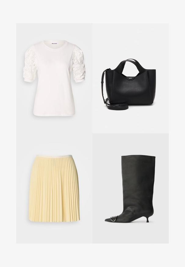Camiseta blanca de manga corta y abullonada hecha de encaje. Cuello redondo, textura suave y un ajuste ligeramente holgado. Etiqueta de la marca visible en el interior.; Falda plisada de color amarillo pálido con una cinta en la cintura que presenta el logo de Lacoste. Fabricada en material ligero, tiene un diseño fluido y una textura suave.; Bota de cuero negra hasta el tobillo con punta afilada, tacón pequeño y detalle metálico en la punta. Textura suave y mate en toda la superficie.; Bolso de mano de cuero negro con acabado texturizado, forma angular, dobles asas y una correa de hombro ajustable. Presenta un acento del logo de DKNY.