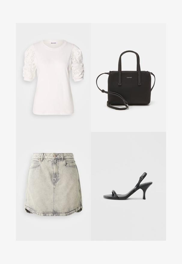 Biela tričko s krátkymi, naberanými rukávmi z čipky. Okrúhly výstrih, jemná textúra a mierne voľný strih. Značková etiketa viditeľná vo vnútri.; Džínová sukňa v svetlosivej farbe s vyblednutou textúrou, s gombíkovým pásom, prednými vreckami a mierne zakriveným lemom.; Čierne kožené sandále na vysokom podpätku s štíhlym, zakriveným podpätkom a prekríženým pásikovým dizajnom. Nastaviteľný pásik okolo členka. Hladká textúra.; Čierna kabelka s dvojitými krátkymi rúčkami a odnímateľným ramenným popruhom. Hladký materiál podobný koži s uzatváraním na zips a detailom loga.