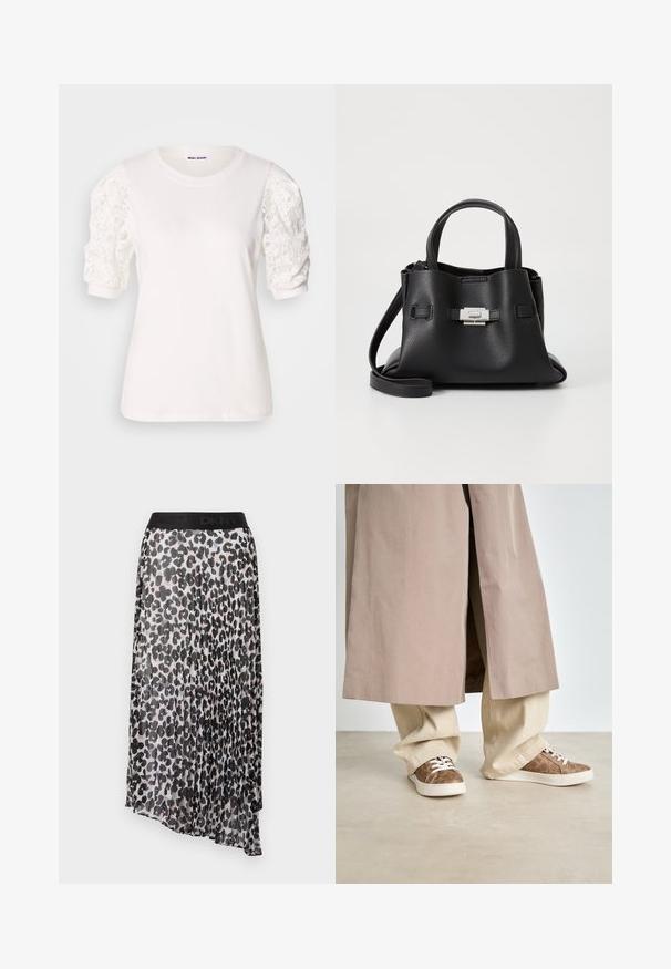 Balta marškinėliai su trumpomis, pūstomis rankovėmis, pagaminti iš nėrinių. Apskritas kaklas, minkšta tekstūra ir šiek tiek laisvas kirpimas. Matomas prekės ženklas viduje.; Plisuota midi sijonas su juodu ir bežiniu leopardų raštu, su juodu elastingu juosmeniu, kuris turi DKNY logotipą. Lengvas, pusiau permatomas audinys.; Bežinė trenčkotė ant šviesiai bežinių plačių kojų kelnių. Rudi sportbačiai su tekstūruotu raštu ir baltais nėriniais. Lygus, minimalistinis grindinys.; Juodas odinis rankinės su tekstūruota apdaila, turintis dvi viršutinės rankenos, nuimamą peties diržą ir sidabrinį užsegimą.