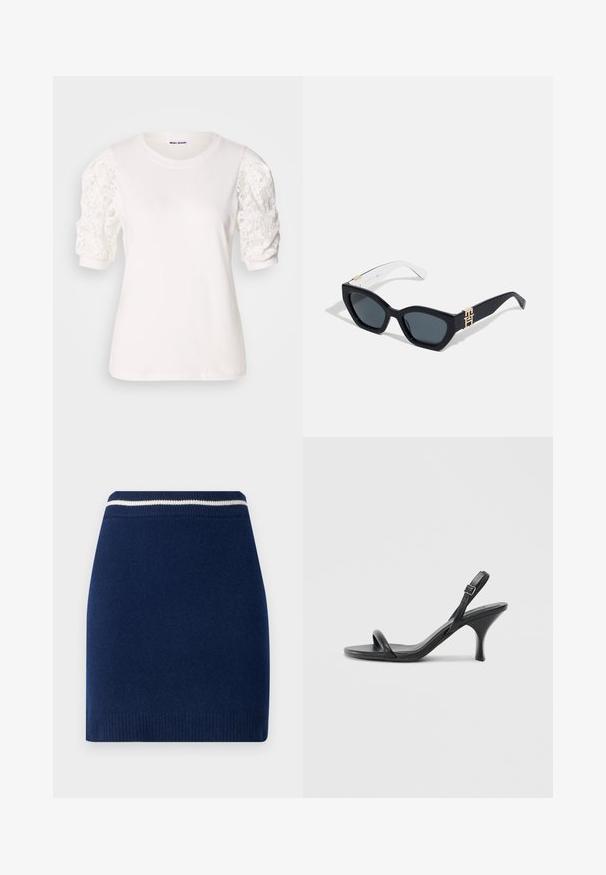 Bílá tričko s krátkými, nabíranými rukávy vyrobené z krajky. Kulatý výstřih, jemná textura a mírně volný střih. Viditelný štítek značky uvnitř.; Námořnická pletená sukně s upnutým střihem, se žebrovaným pasem se kontrastním bílým pruhem. Hladký materiál, délka nad kolena.; Černé kožené sandály na vysokém podpatku s úzkým, zakřiveným podpatkem a designem s překříženými popruhy. Nastavitelný pásek kolem kotníku. Hladký povrch.; Tommy Hilfiger Sluneční brýle - blue