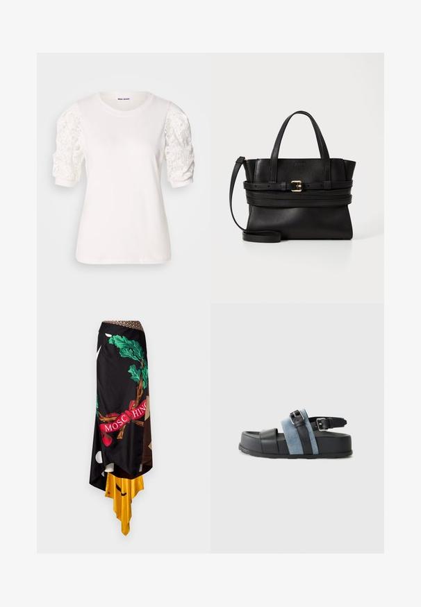 Fehér, rövid, puffos ujjú csipkeborítású póló. Kerek nyakkivágás, puha tapintás és enyhén bő szabás. A márkajelzés a belsejében látható.; Fekete aszimmetrikus szoknya merész zöld és piros mintákkal, barna derékkal és kontrasztos sárga szegéllyel. Sima, textúrált anyag.; Fekete és kék szandál vastag talppal, bőr és farmer anyagból, állítható csattal és nyitott orrú dizájnnal.; Fekete bőr kézitáska strukturált dizájnnal, párhuzamos felső fogantyúkkal, levehető pánttal és arany csat díszítéssel egy vízszintes sávon.