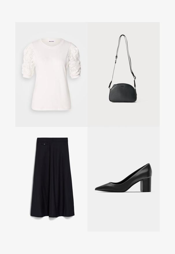 Camiseta blanca de manga corta y abullonada hecha de encaje. Cuello redondo, textura suave y un ajuste ligeramente holgado. Etiqueta de la marca visible en el interior.; Falda negra de largo a la rodilla con un diseño amplio y fluido. Presenta una cinturilla plana en la parte delantera y un detalle de un solo botón en el bolsillo frontal.; Zapato de charol negro con puntera afilada y tacón cuadrado ancho. Textura suave, diseño simple, adecuado para entornos formales.; Bolso bandolera de cuero negro con forma redondeada, dos correas ajustables y un logo sutil en la parte frontal. Exterior texturizado, diseño minimalista.; DKNY INLAY STUD - Pendientes - black/gold-coloured