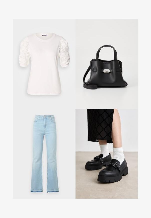 White t-shirt with short, puffed sleeves made of lace. Round neckline, soft texture, and a slightly loose fit. Brand label visible inside.; Light blue flared jeans made of denim, featuring a high waist, front pockets, and a raw hem at the cuffs for a casual look.; Black platform loafers with a smooth leather finish, featuring a buckle detail and stud accents, paired with white ribbed socks.; Black leather handbag with a textured finish, featuring two top handles, a detachable shoulder strap, and a silver clasp detail.
